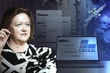 A graphic composite of Hancock Prospecting chairman Gina Rinehart and company and political party logos.