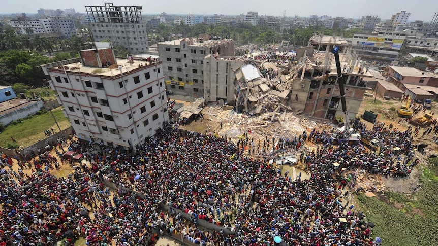 Rescue workers at the collapsed Bangladesh garment factory in April this year.