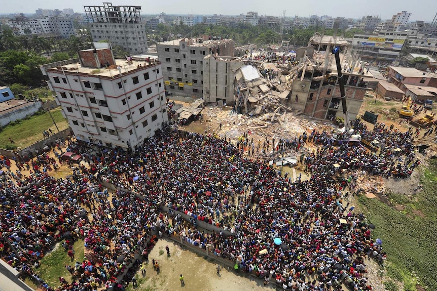 Rescue workers at the collapsed Bangladesh garment factory in April this year.