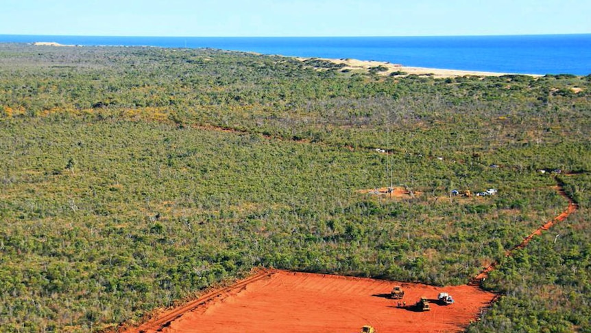 Aerial shot of patch of land cleared at James Price Point by Woodside