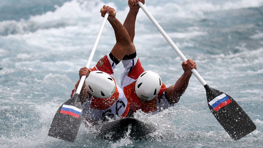 Mikhail Kuznetsov and Dmitry Larionov of Russia compete during the Men's Canoe Double.