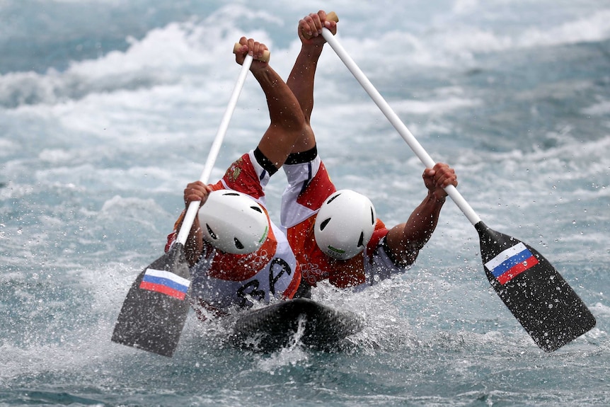 Mikhail Kuznetsov and Dmitry Larionov of Russia compete during the Men's Canoe Double.