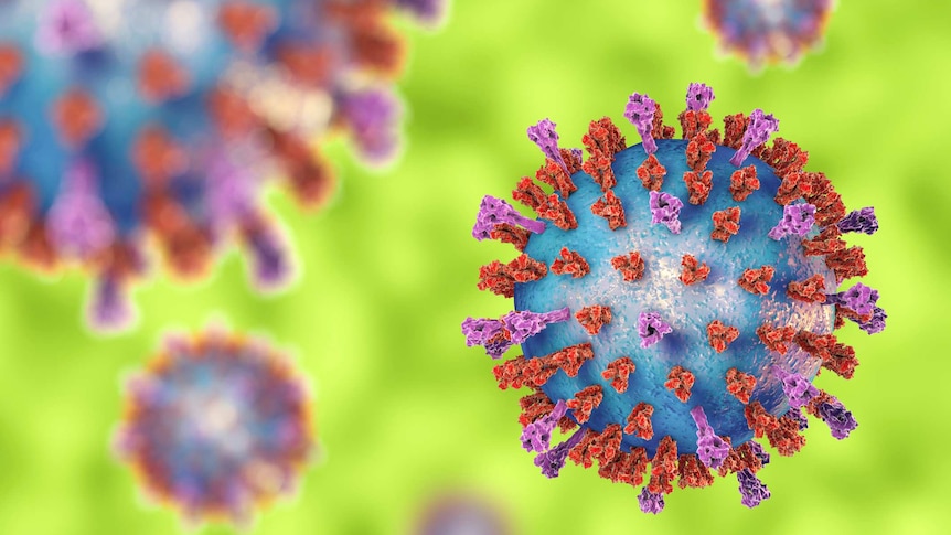 A brightly coloured illustration shows a virus molecule, including surface spikes.