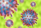 A brightly coloured illustration shows a virus molecule with surface spikes.