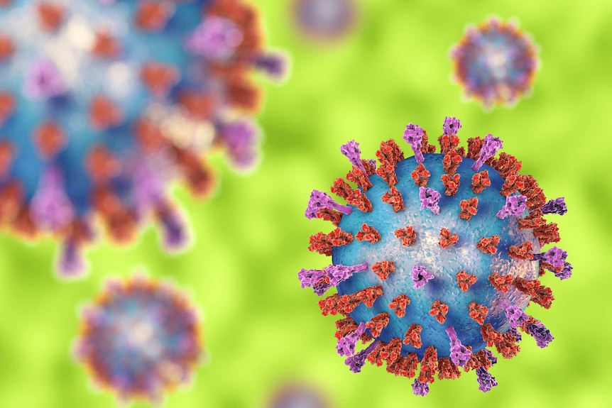 A brightly coloured illustration shows a virus molecule, including surface spikes.