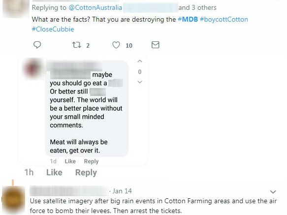 Three comments on Twitter relating to the Murray Darling Basin and cotton farming.