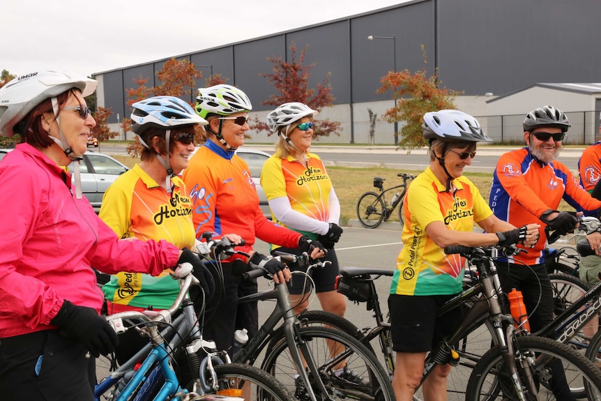 Students from the New Horizons cycling course gather in a car park in Lyneham.