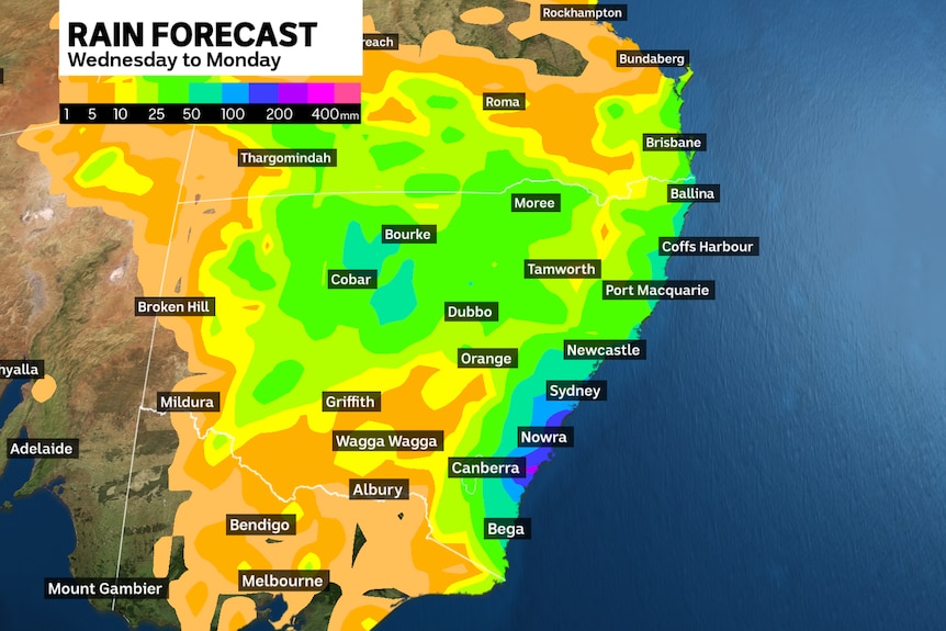 A rainmap of NSW's incoming rain, show the entire state is practically covered