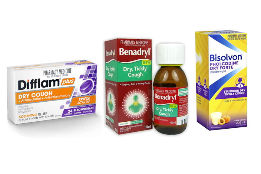 A selection of boxes and bottles of cough syrups and lozenges against a plain white background.