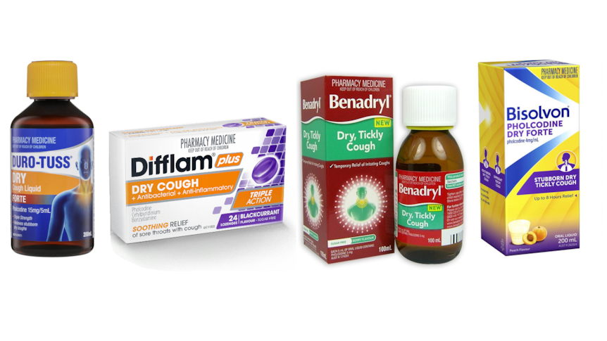 A selection of boxes and bottles of cough syrups and lozenges against a plain white background.