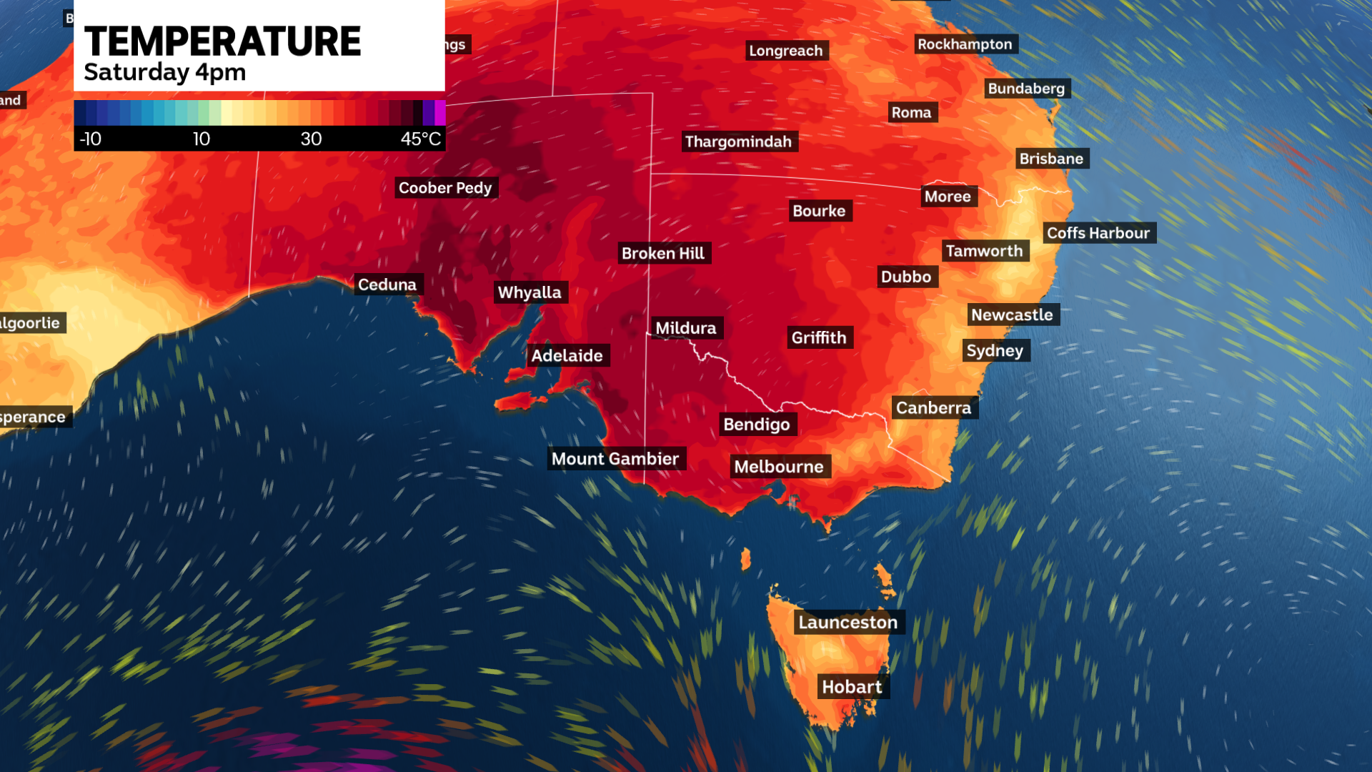 weather map showing Saturday's afternoon temperatures will reach around 40C across much of south-east Australia