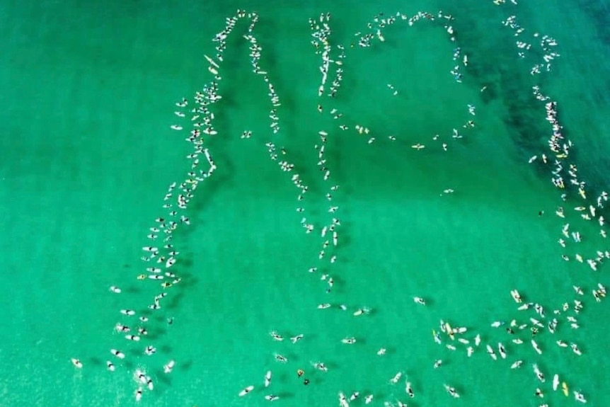 Aerial view of a world record paddle-out attempt.