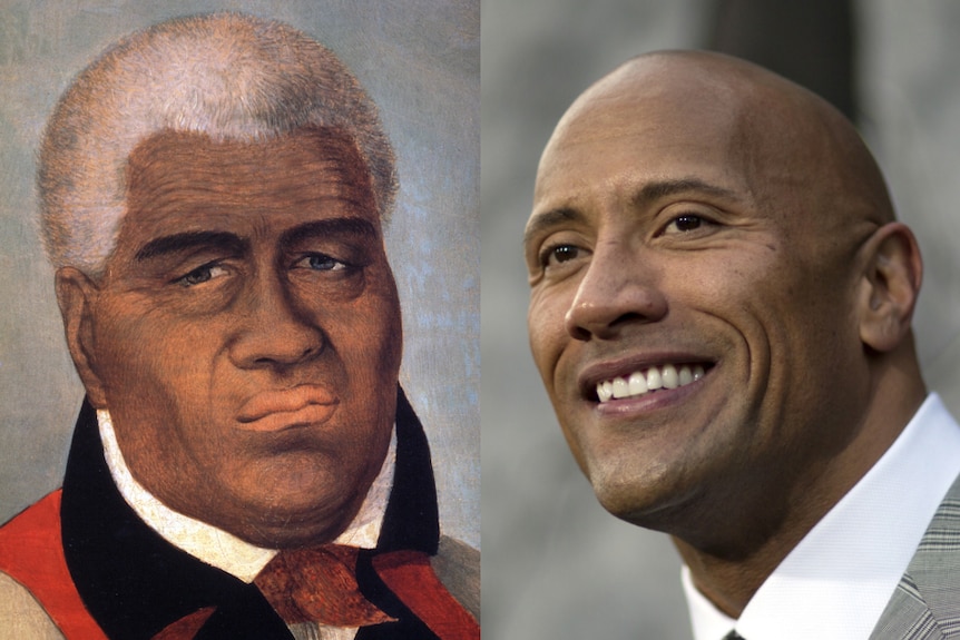 A composite image showing a painting of King Kamehameha and a photo of Dwayne 'The Rock' Johnson.