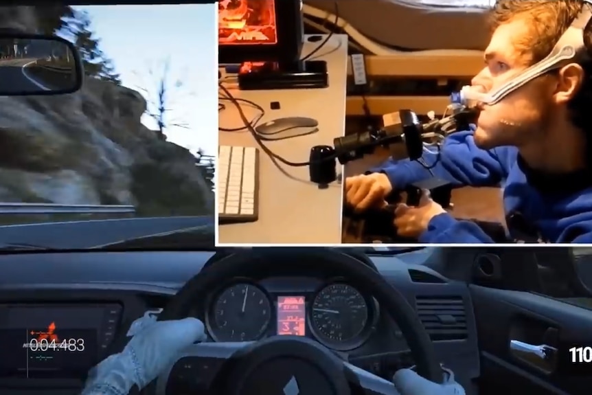 A man wears a strap around his head and a joystick in his mouth, in the foreground is a screenshot of a car racing video game
