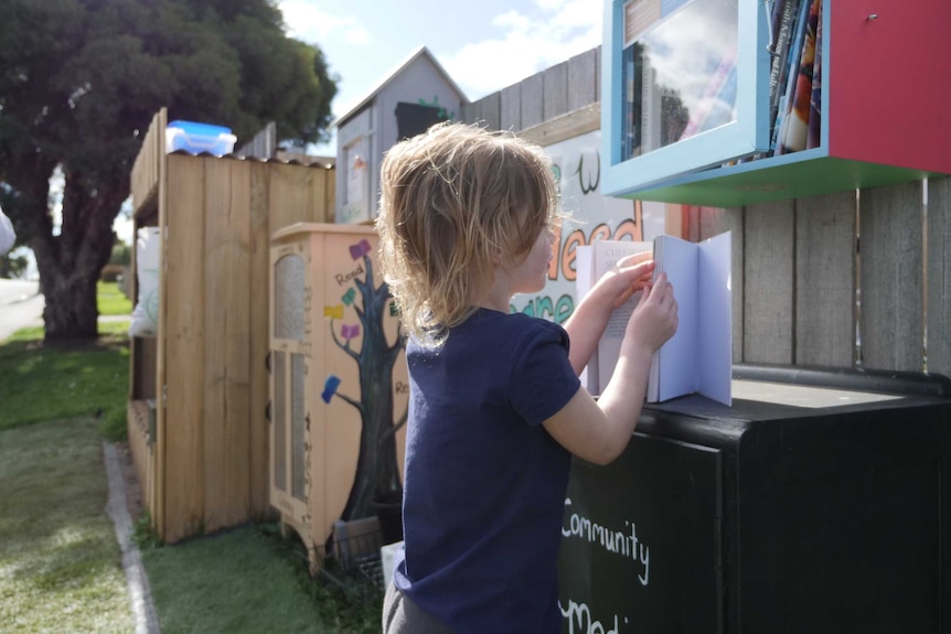 Young girl looking at a book as she stands in front of a cupboard containing others at a street library