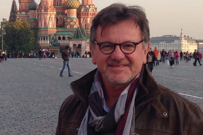 Vic Kostiuk standing outside the Kremlin in Moscow.