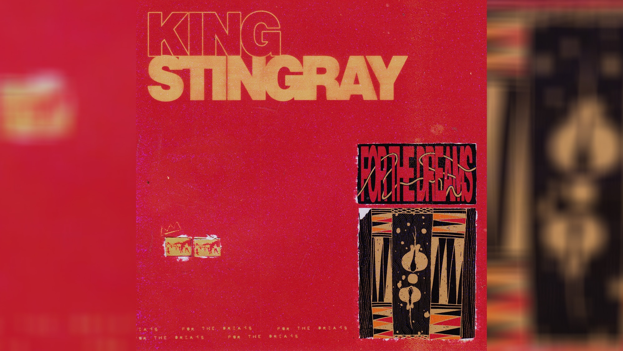 red texture with text reading: King Stingray - For The Dreams, with a mural of Indigenous artwork with two stingrays