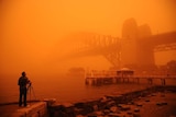 A photographer standing below Sydney Harbour Bridge during a dust storm, with everything coloured orange.