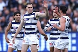 Jeremy Cameron is congratulated by Cats teammates after kicking an AFL goal.