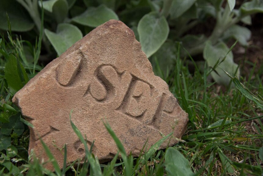 A fragment of stone in the grass with the letters O S E P