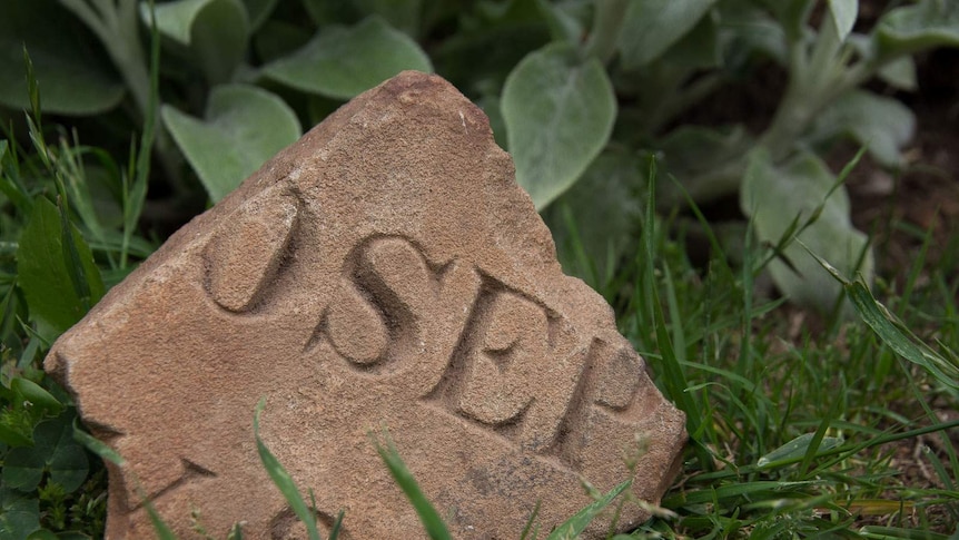 A fragment of stone in the grass with the letters O S E P
