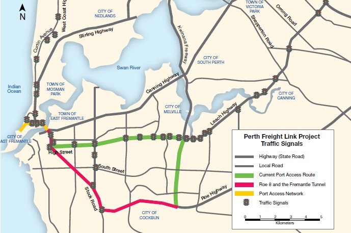 A map from Main Roads WA showing the Perth Freight Link route.