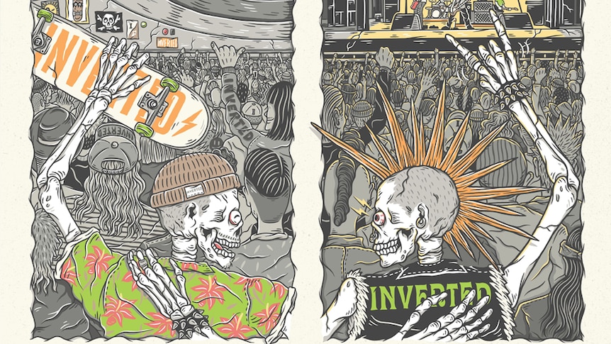 The festival poster for Inverted, with two skeleton buddies enjoying a punk rock show