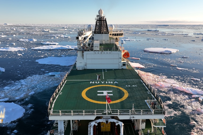 An aerial shot of the happy couple on the RSV Nuyina, icebergs floating in the background.