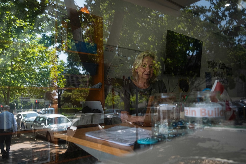 Trish Sara working at her desk, captured through the window of her North Sydney office.