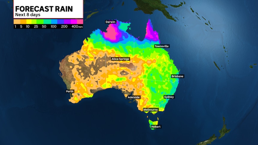 A map of Australia showing the rain volume across the country for the next 8 days.