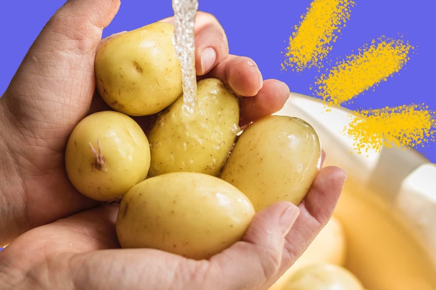 Hands under a running tap holding five potatoes to depict tips for buying and cooking potatoes.