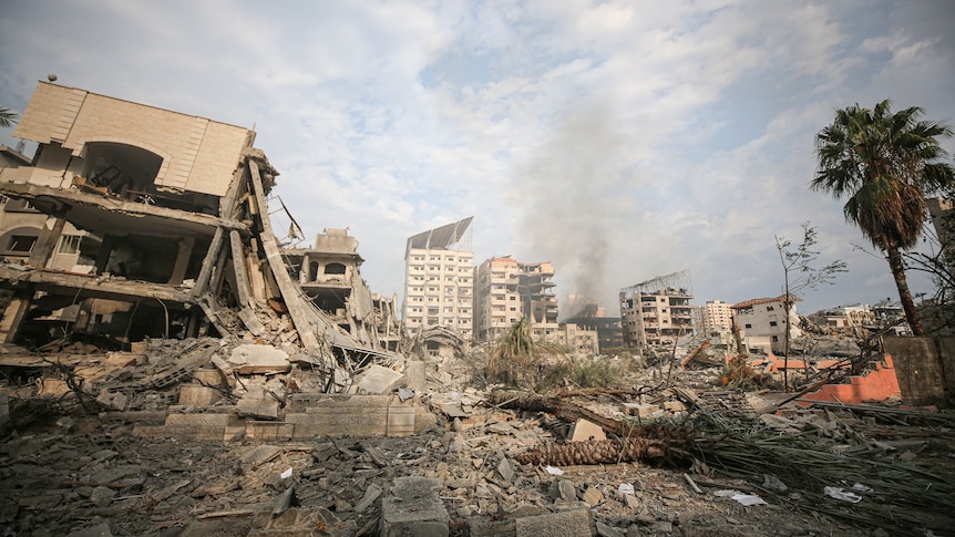 Destroyed buildings in Rimal, Gaza.