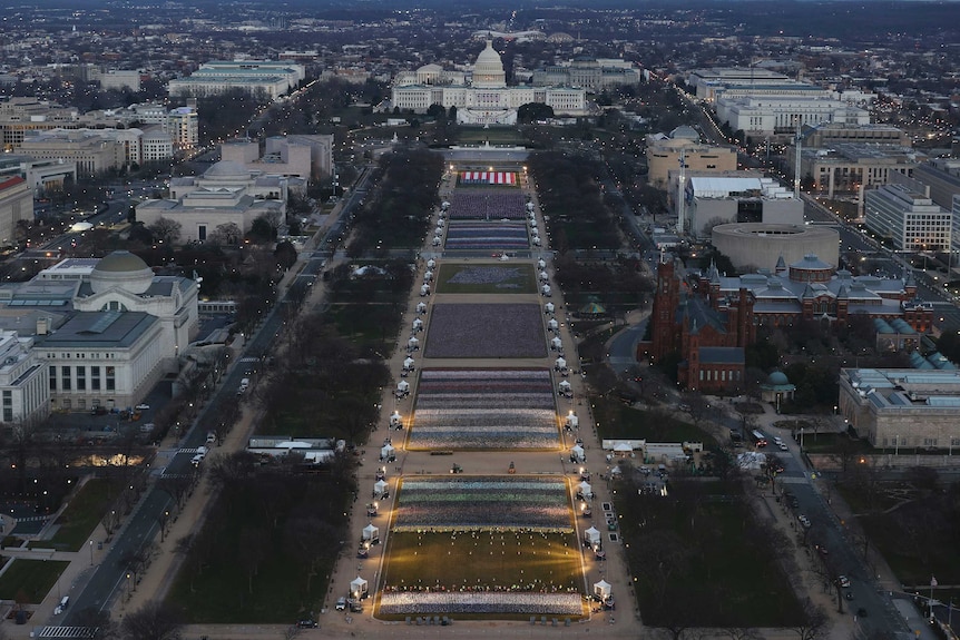 The National Mall in Washington DC covered in flags leading up to the Capitol