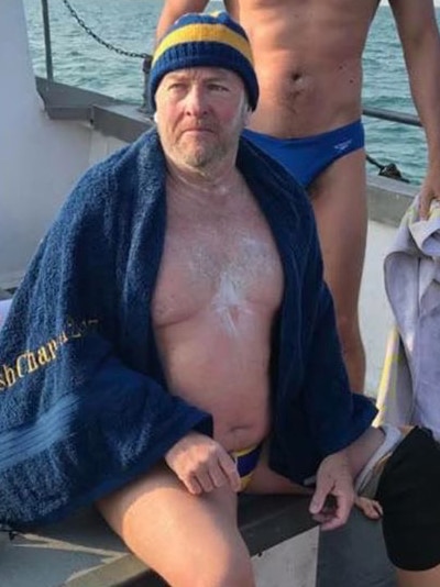 Brisbane amputee Michael Powell sits on a boat for his swim to cross the English Channel in August, 2017.