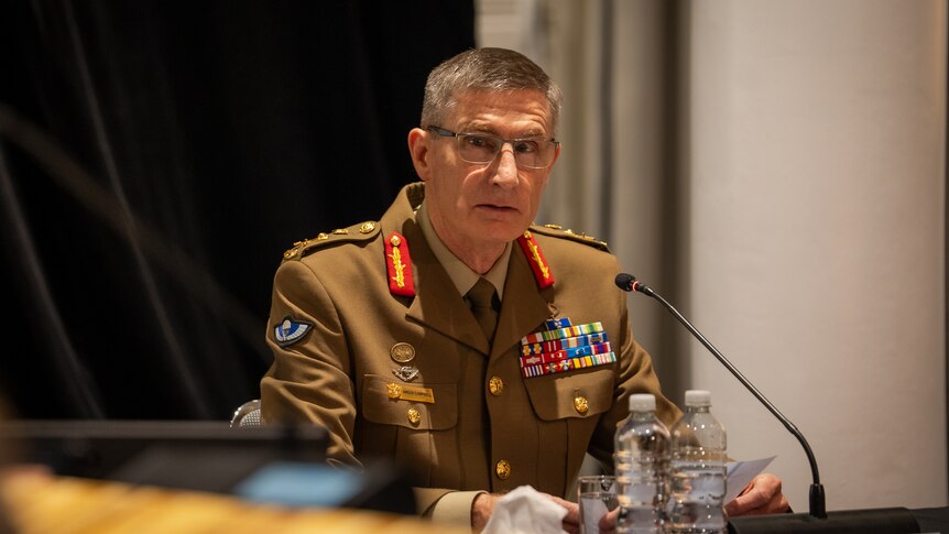 Australian Defence Force chief Angus Campbell at the Royal Commission into Defence and Veteran Suicide black behind him