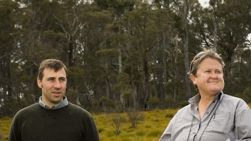 Tasmanian Land Conservancy CEO Nathan Males and philanthropist Jan Cameron