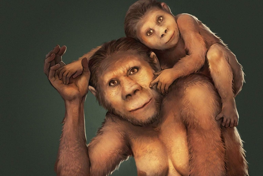 A sketch of a half ape, half human looking female species with an infant on her back