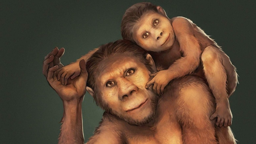 A sketch of a half ape, half human looking female species with an infant on her back