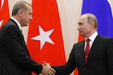 Russian President Vladimir Putin and Turkish President Recep Tayyip Erdogan shake hands.