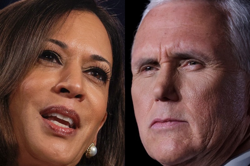 A composite image of Senator Kamala Harris and vice-president Mike Pence.