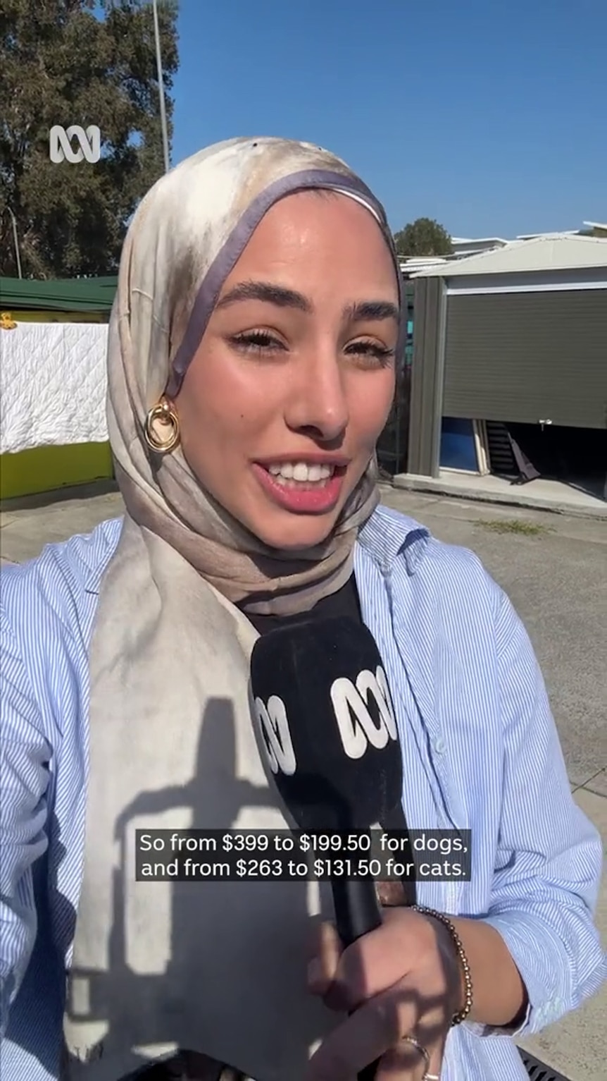 A young woman wearing a hijab holds an ABC-branded microphone.