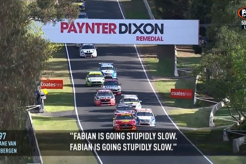 Fabian Coulthard's car is at the head of a bunched-up pack during the Bathurst 1000.