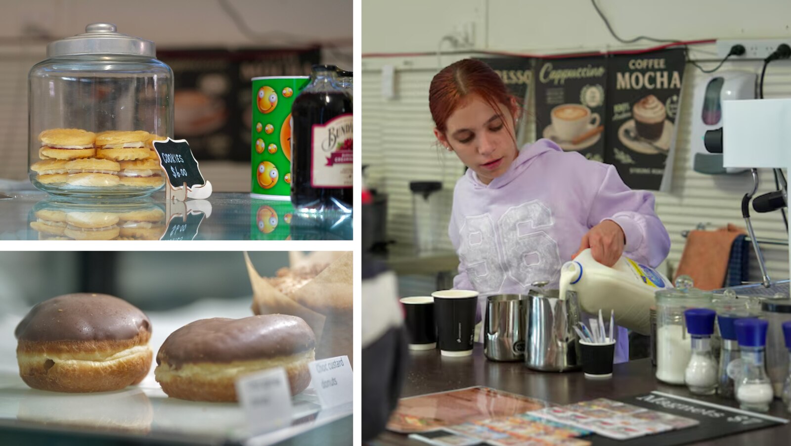 A composite image showing Stevie, a teenaged girl, preparing coffee at a cafe counter, and images of biscuits and donuts.