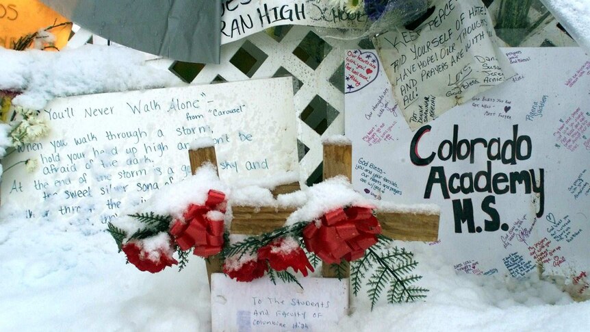 Letters are left for the victims of the Columbine shooting