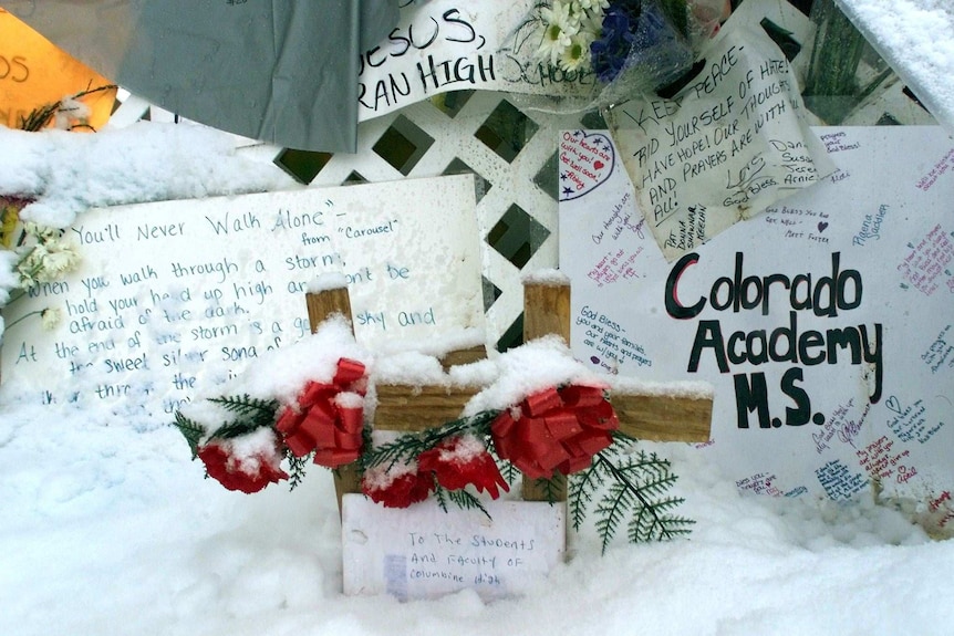 Letters are left for the victims of the Columbine shooting