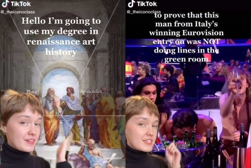 Two shots from a viral TikTok, Mary McGillivray using her degree in art theory to prove eurovision winner was not doing drugs