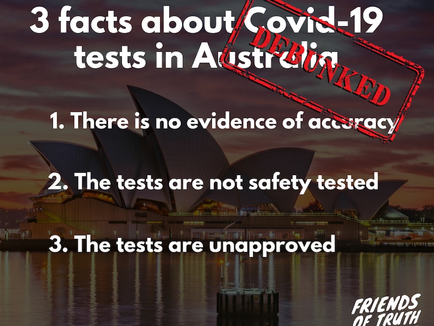 A Facebook post with Sydney Opera House in the background makes false claims about COVID-19 tests, a debunked stamp is overlayed