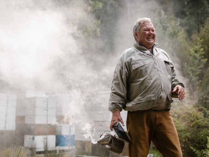 A bee keeper stands in front of a large number of hives in a forest setting with a steamer.