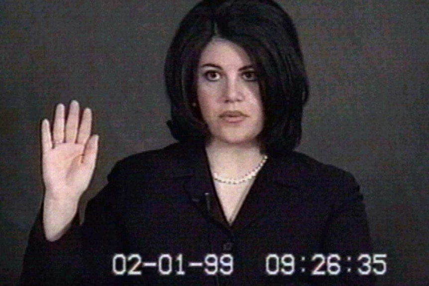 Former White House intern Monica Lewinsky is shown being sworn-in during her videotaped deposition.