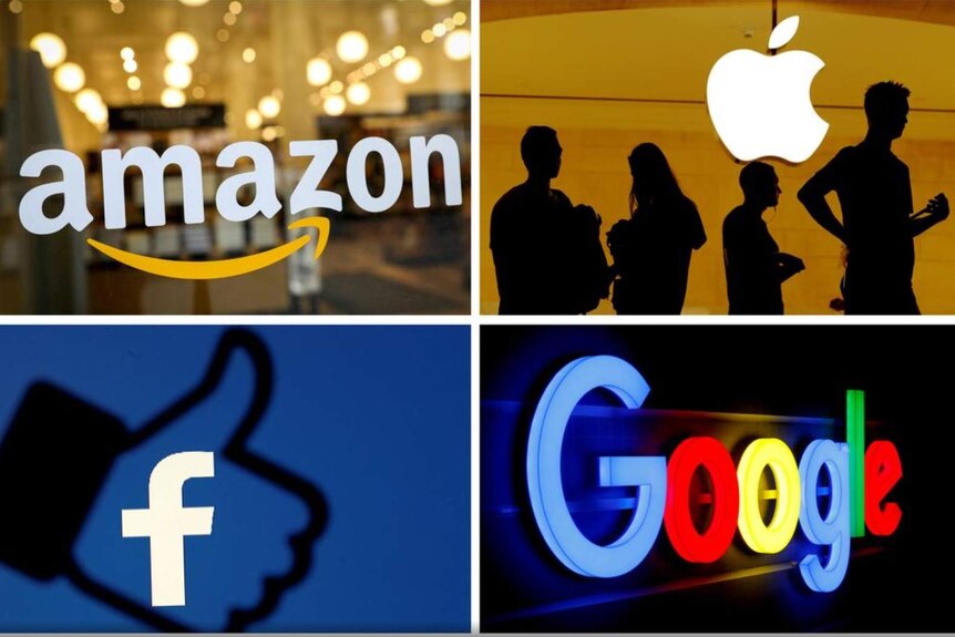 Logos of Amazon, Apple, Facebook and Google, composite image.